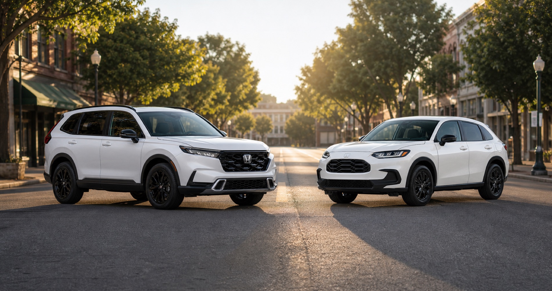 White Honda CR‑V and white Honda HR‑V parked on city street at sunrise showcasing front grille designs LED headlights and trim level styling.