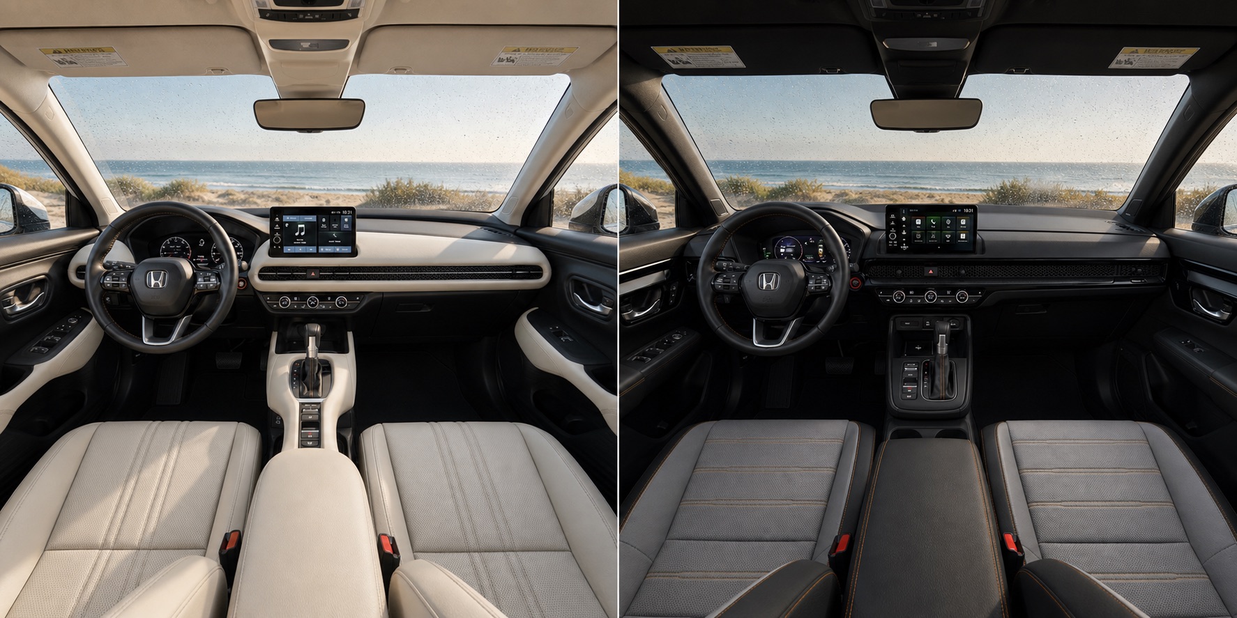 Side by side view of Honda HR‑V and Honda CR‑V cabins showing dashboard layouts touchscreen displays and steering wheel designs with ocean view outside.