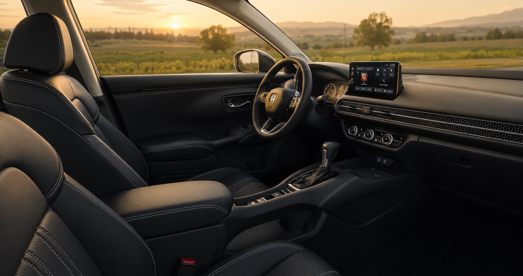 Black Honda HR-V cabin with leather seats touchscreen display and steering wheel showing dashboard design and sunset view outside.