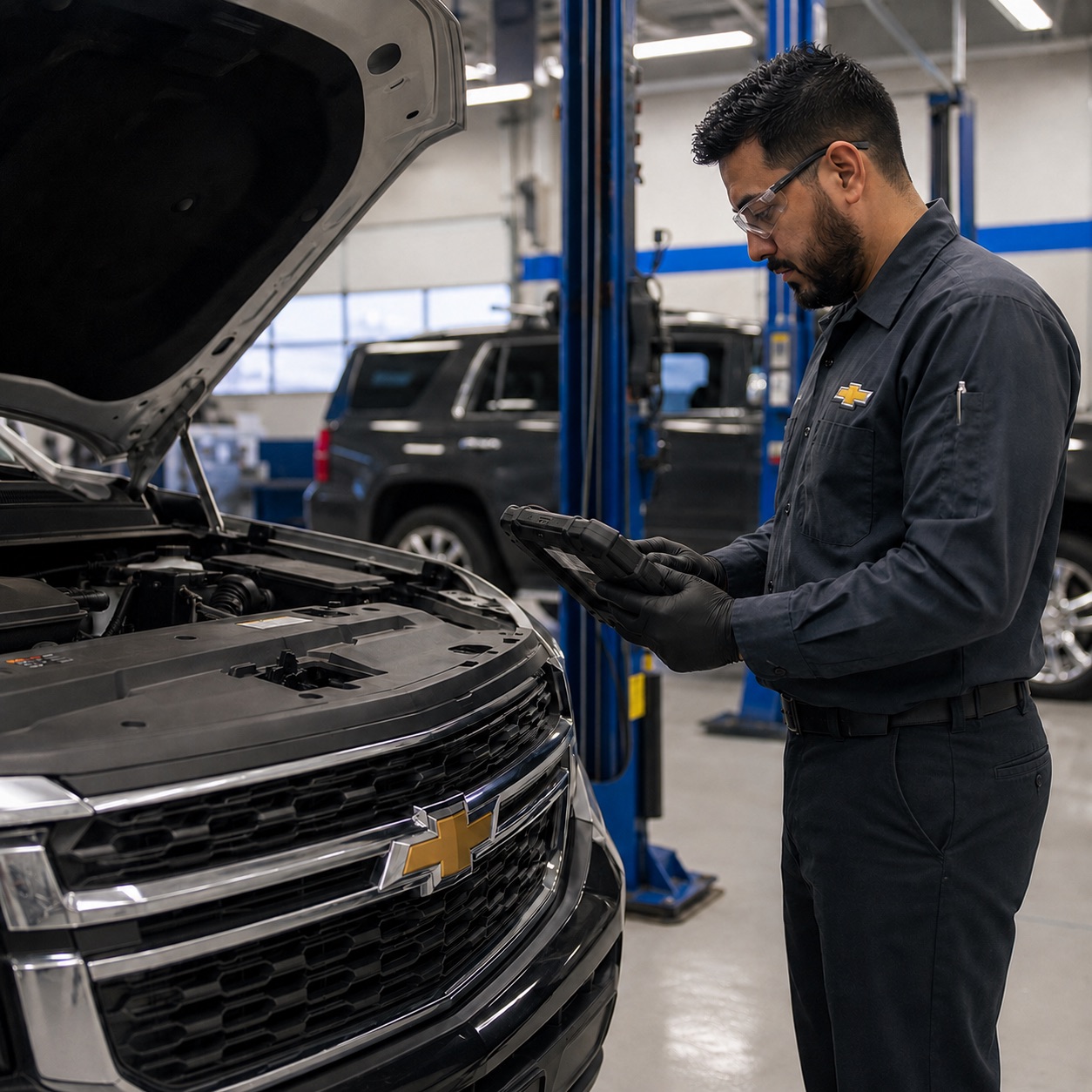 Chevrolet Certified Service technician using a wireless diagnostic scanner on a vehicle at Delta Chevrolet