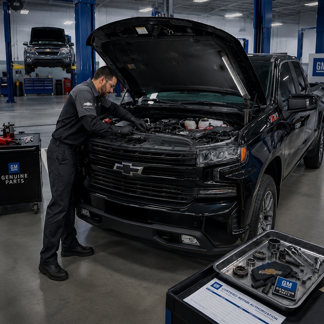 Chevrolet Certified Service technician working on the engine of a Silverado with the hood open at Delta Chevrolet