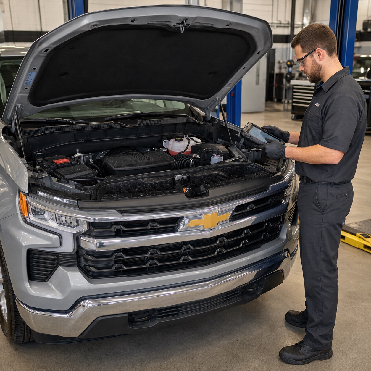 Chevrolet service technician using a diagnostic reader beside a Silverado with the hood open