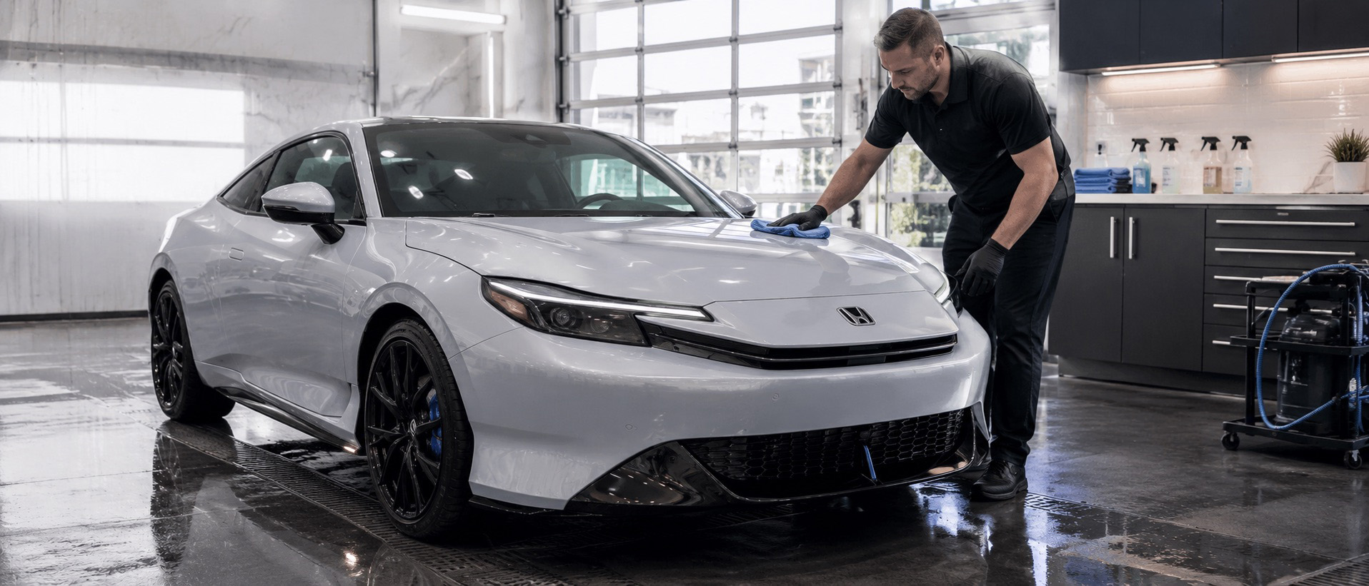 Fisher Honda Employee Detailing a New Honda Prelude in the Auto Spa