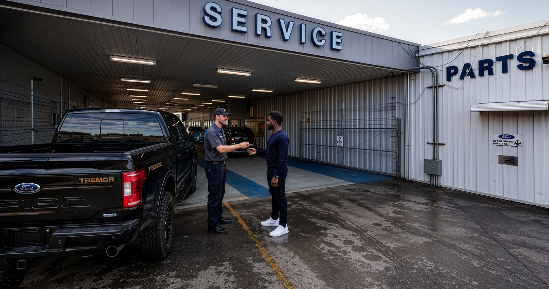 Black Ford F-150 Tremor at a dealership service entrance as a technician accepts the keys from the vehicle owner for scheduled maintenance.