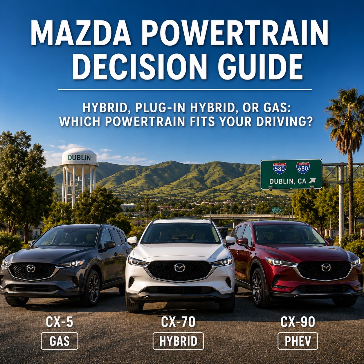 Three Mazda SUVs representing gas, hybrid, and plug-in hybrid powertrains parked in front of the Tracy water tower and Interstate 580/205 interchange, illustrating Mazda SUV choices for Central Valley and East Bay commuters.