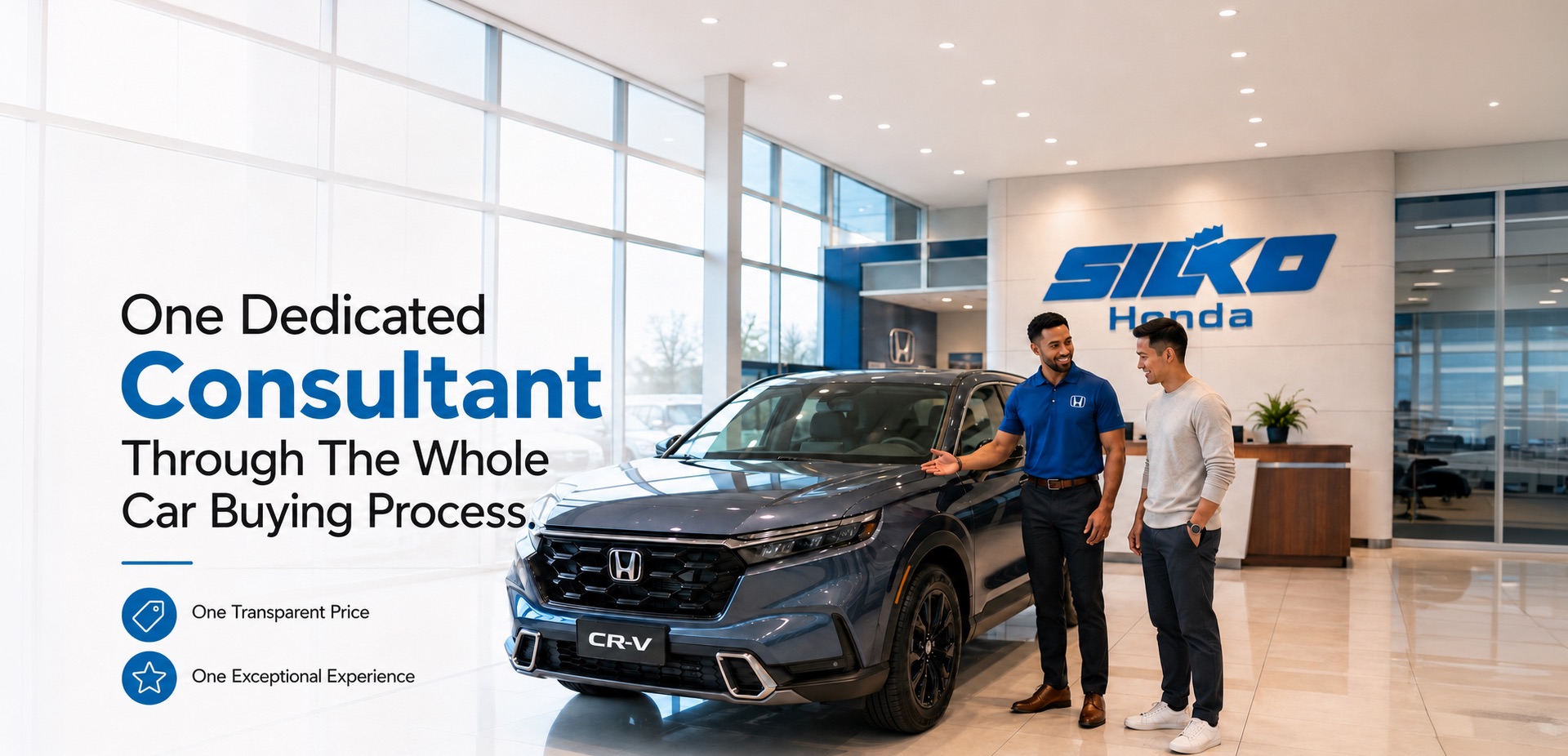 Silko Honda sales consultant helping a customer explore a new Honda CR-V in the showroom, highlighting one transparent price and one exceptional experience.