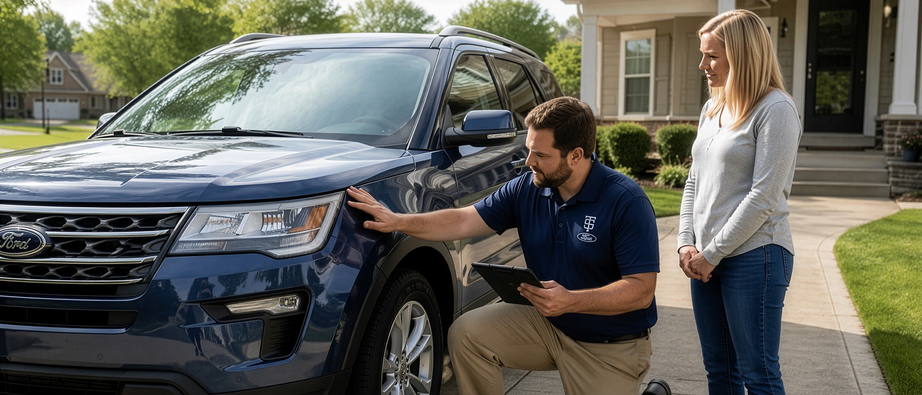 T&S Ford team member inspecting a customer's vehicle during a mobile car appraisal near White Hall West Virginia