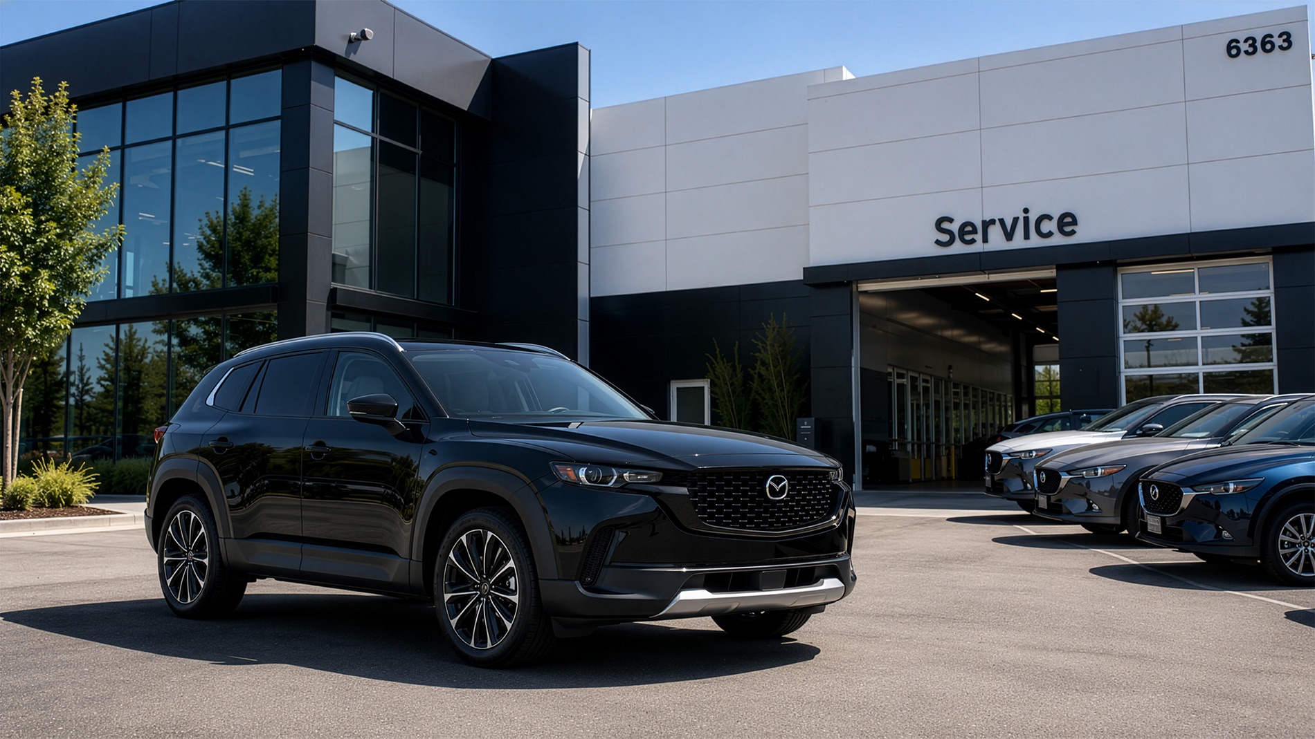 2026 Mazda CX-50 Hybrid parked outside the Dublin Mazda service drive in a front three-quarter view