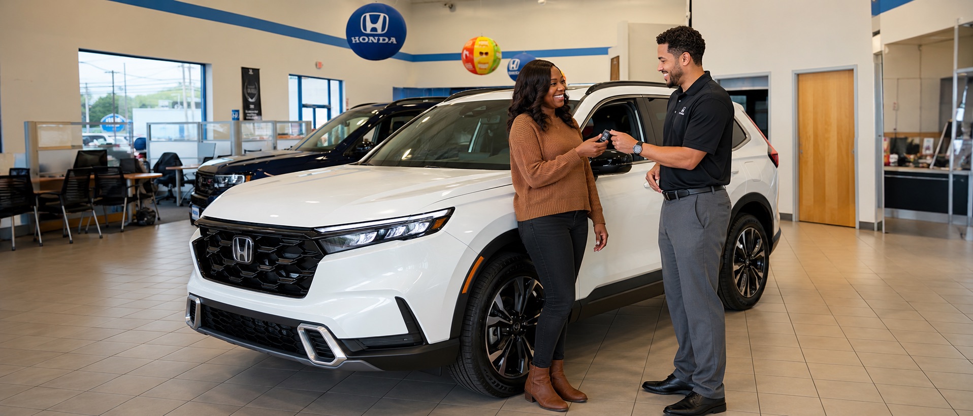 Customer receiving keys to a new Honda CR-V in the Silko Honda showroom