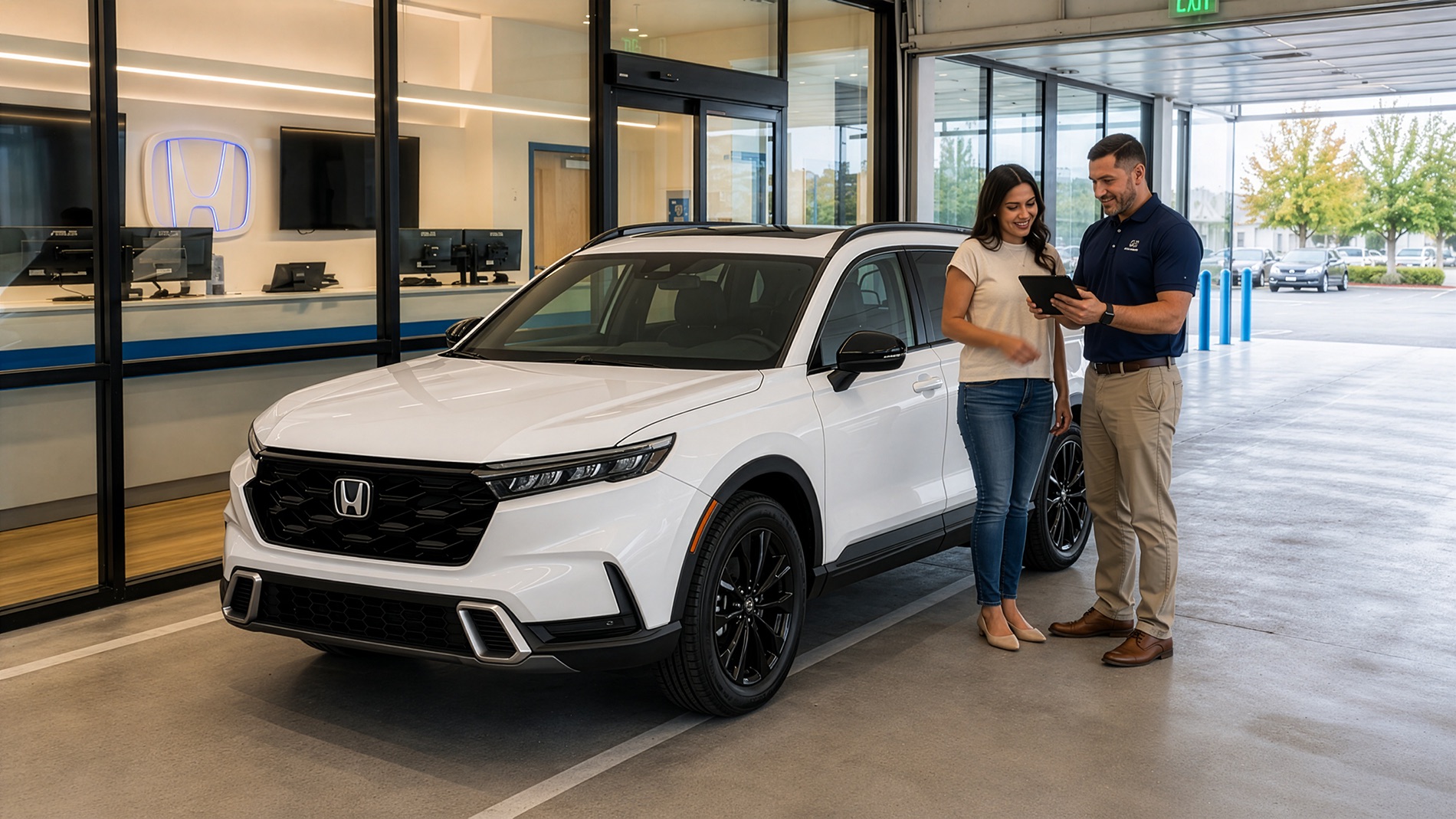 White 2026 Honda CR-V Sport Touring with a customer and sales representative in the Tracy Honda service bay.