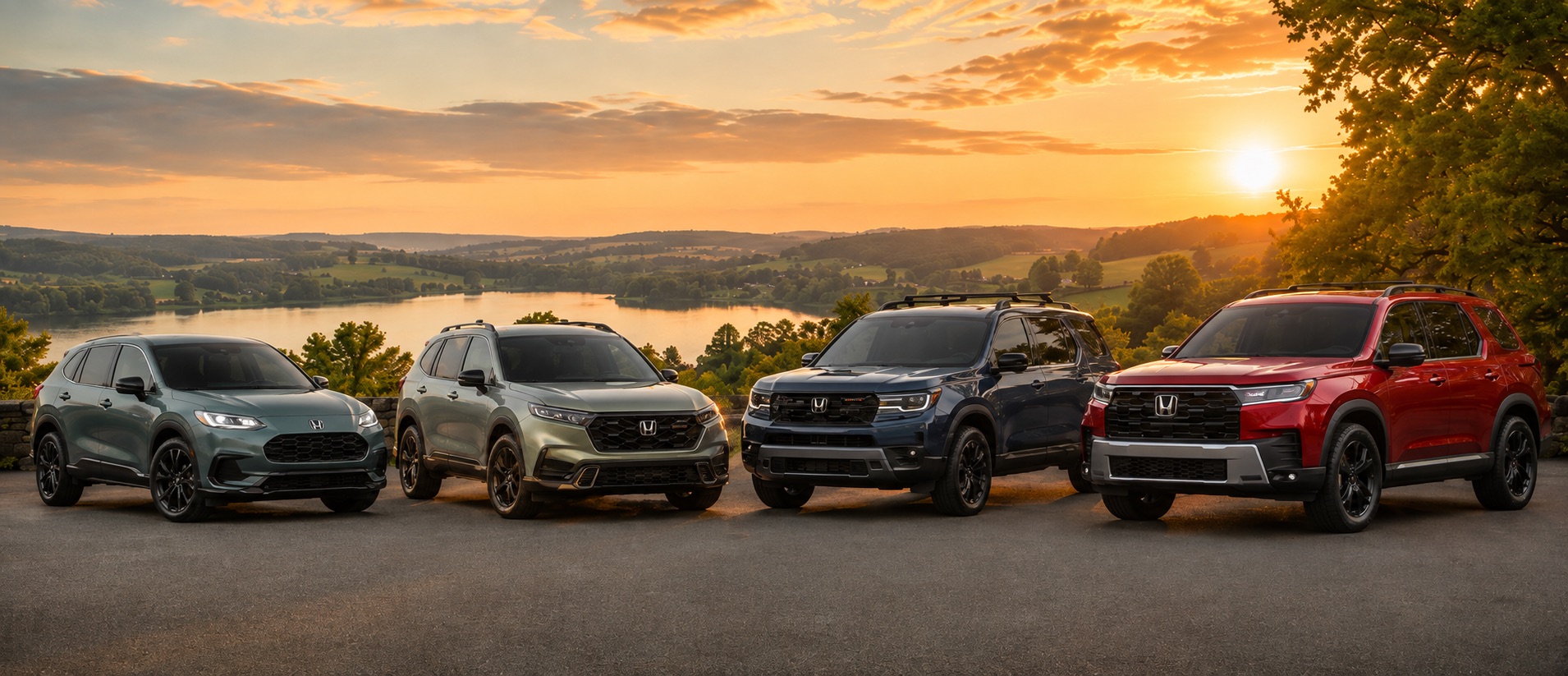 Four 2026 Honda SUVs—HR-V, CR-V TrailSport Hybrid, Passport, and Pilot Black Edition—lined up at a scenic lakeside overlook near Elizabethtown, Kentucky.