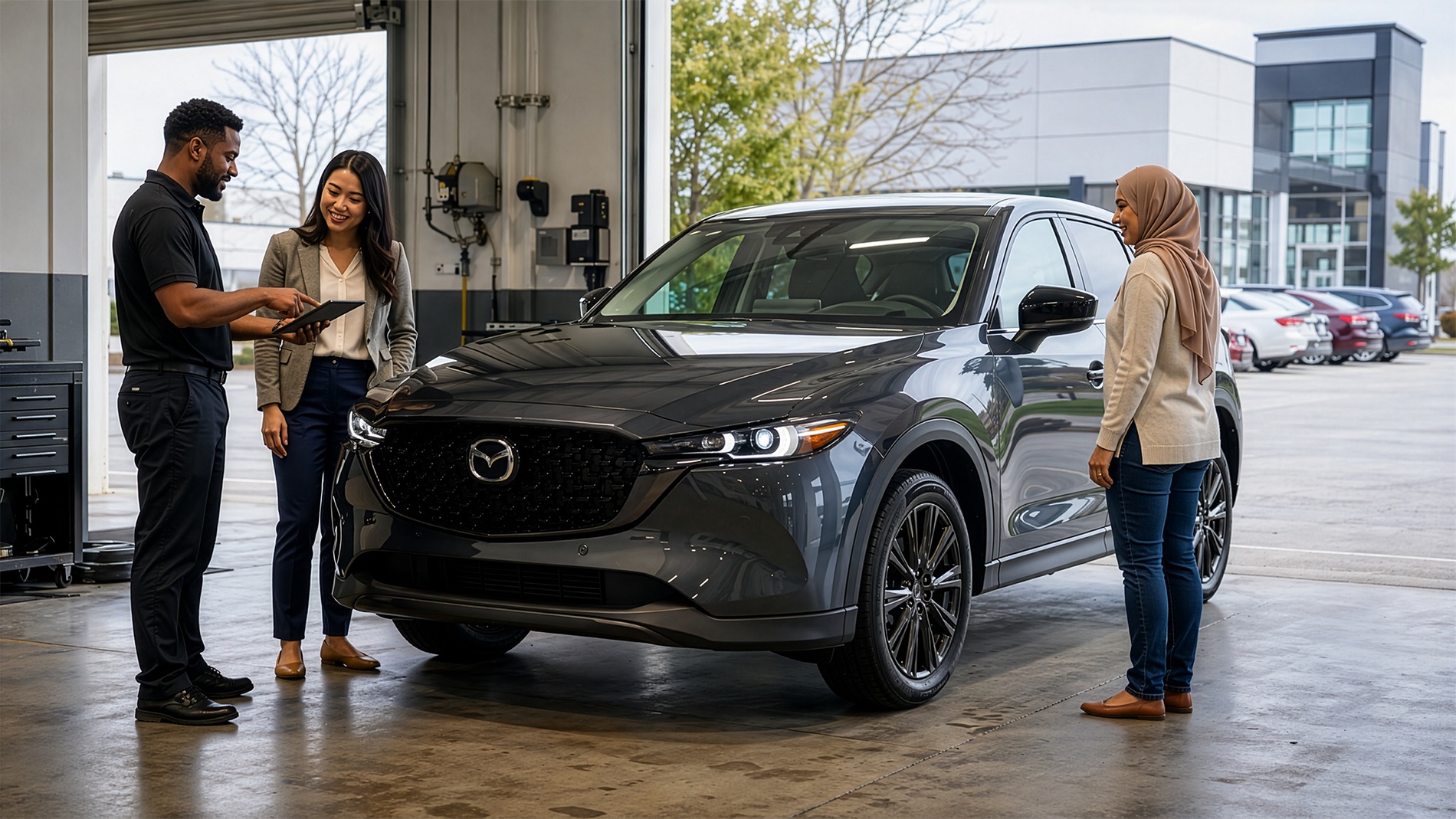 Mazda CX-5 inspected by a technician as a sales advisor reviews the vehicle with a customer at a dealership service bay.