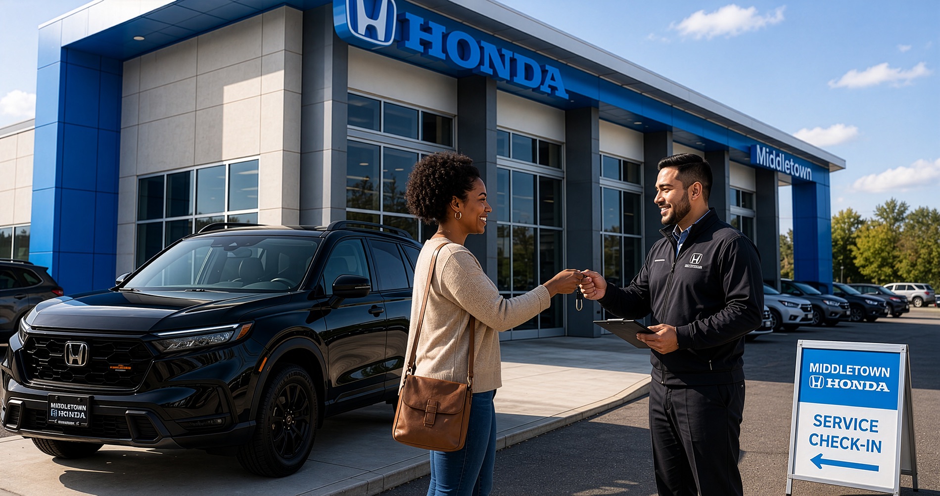 Customer handing keys to a Middletown Honda service advisor beside a black Honda CR-V TrailSport Hybrid outside the Middletown Honda dealership.
