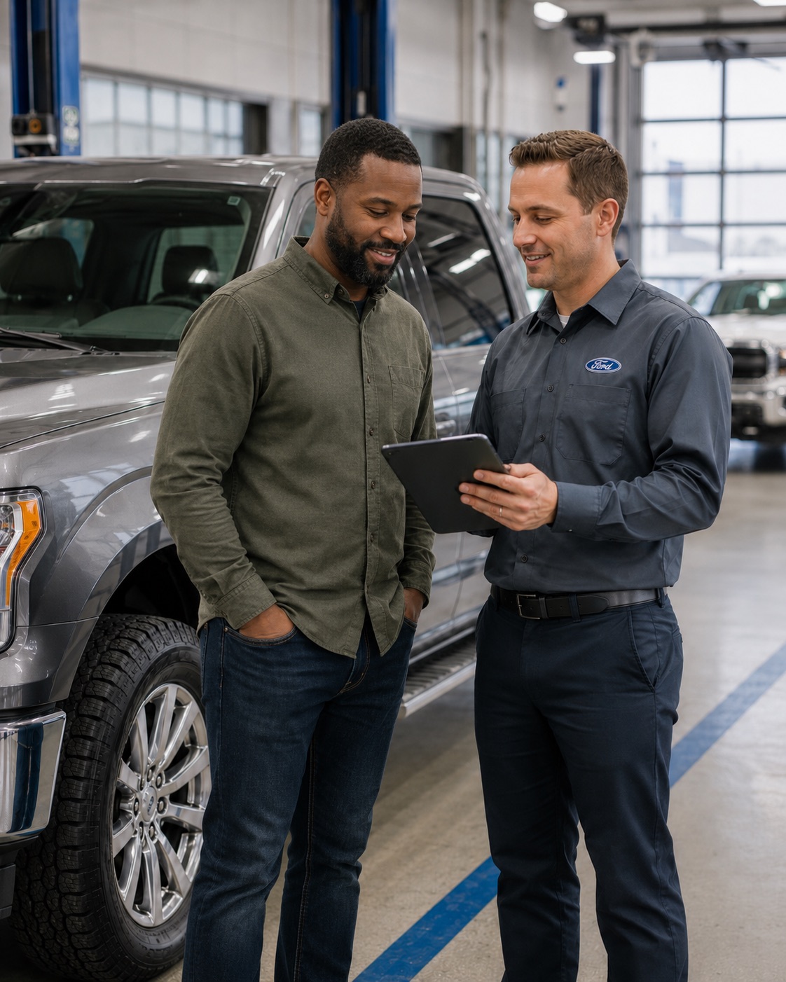 Ford F-150 owner reviewing scheduled maintenance information on a tablet with a Ford service advisor in a dealership service bay.