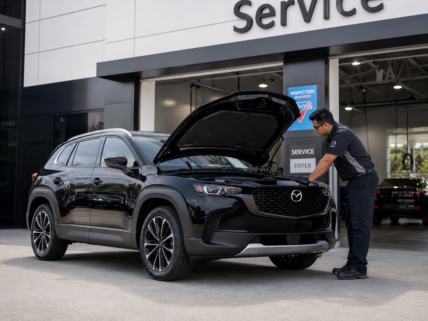 Dublin Mazda technician performing maintenance inspection on a Mazda CX-50 Hybrid