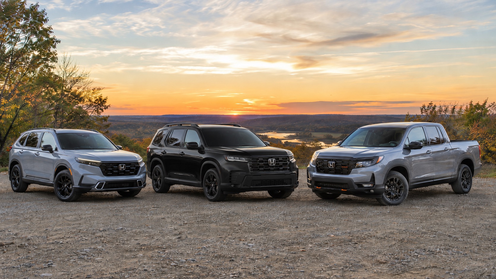 2026 Honda CR-V TrailSport, Pilot TrailSport, and Ridgeline TrailSport at a scenic eastern Massachusetts overlook at sunset