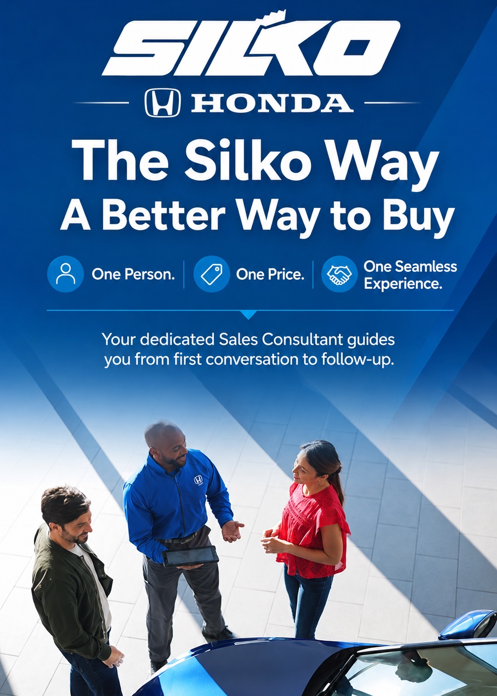 Silko Honda Sales Consultant guiding customers beside a vehicle during the Silko Way car-buying experience.