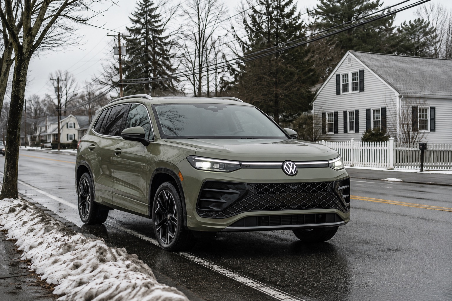 2026 Volkswagen Tiguan on a wet winter road in southeastern Massachusetts