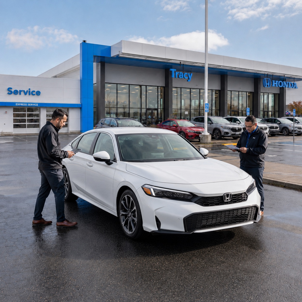 Tracy Honda team members inspecting a white 2026 Honda Civic Sport Touring Hybrid outside the dealership