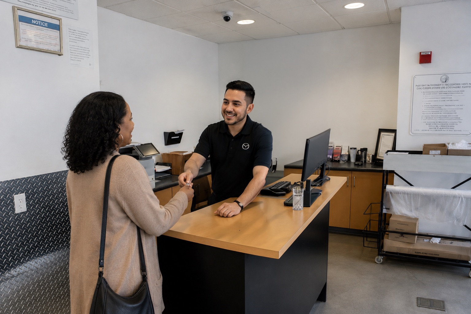 Customer speaking with a Tracy Mazda service advisor at the service counter