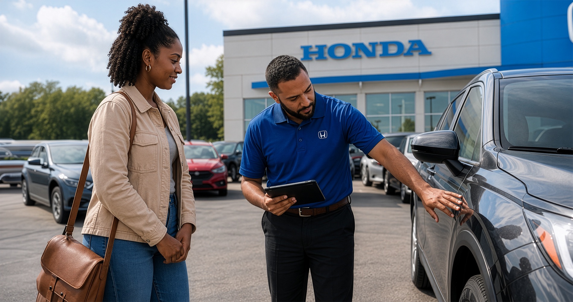 Silko Honda team member inspecting a customer's vehicle during an appraisal at the dealership