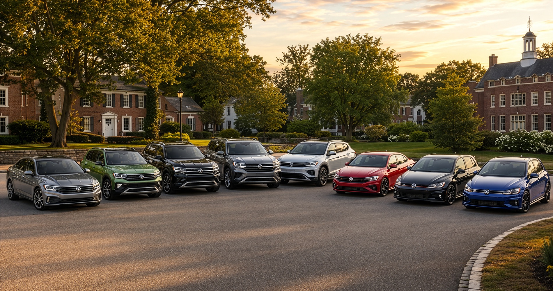 Full Volkswagen lineup including Jetta, Taos, Tiguan, Atlas, Atlas Cross Sport, Jetta GLI, Golf GTI, and Golf R parked together at sunset in a leafy New England setting near Easton, Massachusetts.