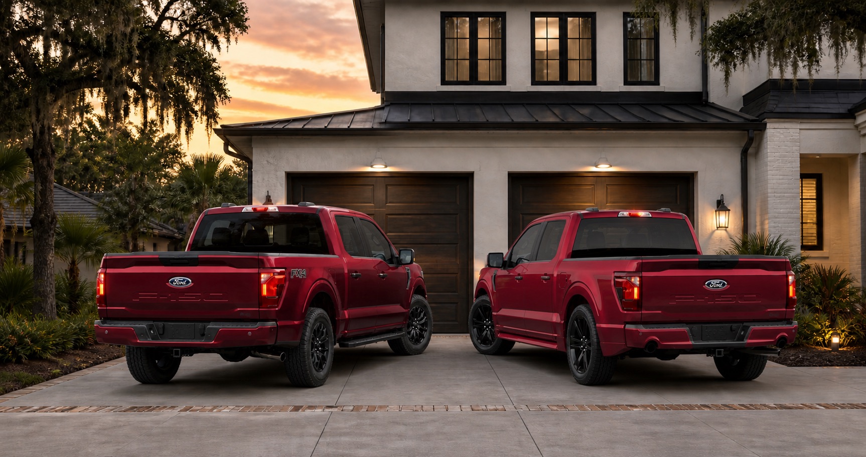 Red Ford F‑150 STX Lobo and red Ford F‑150 XLT FX4 parked side by side in driveway at sunset in front of coastal home.