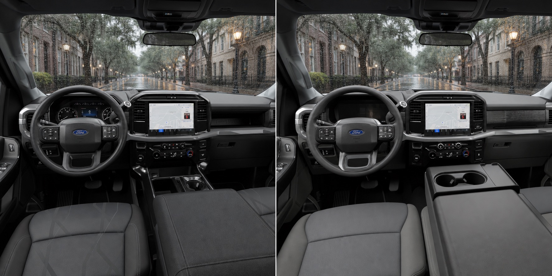 Side by side view of two Ford F‑150 interiors, STX and XLT, showing steering wheels and center displays with rain outside.