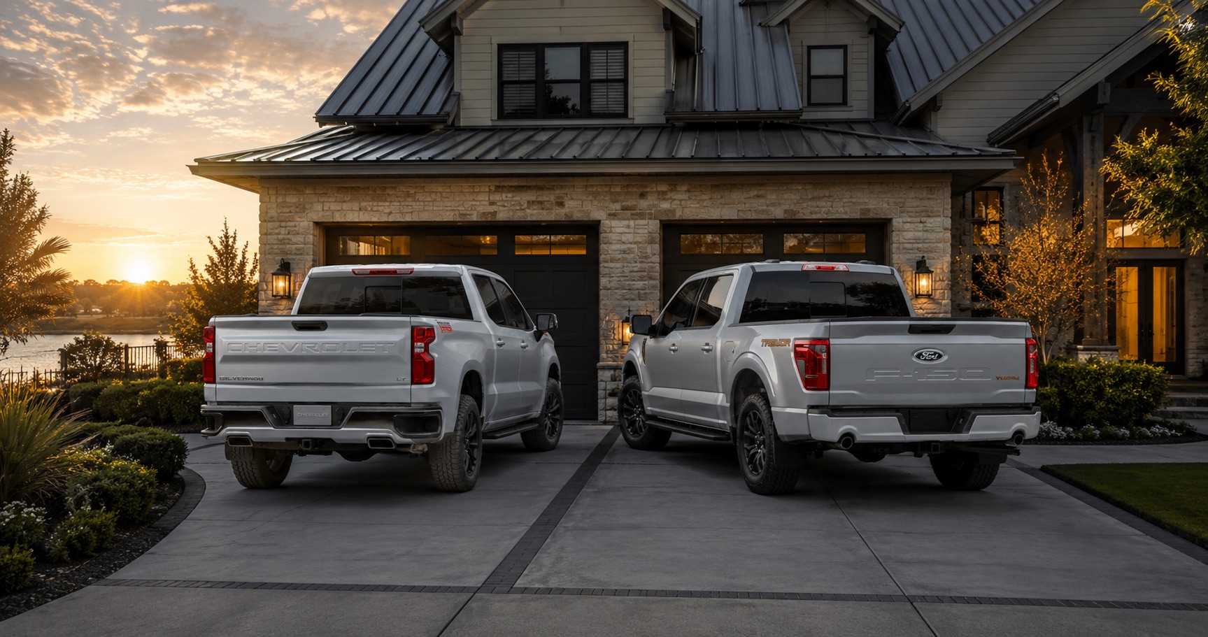 Two silver pickup trucks parked in a driveway at sunset in front of a modern home near the water.