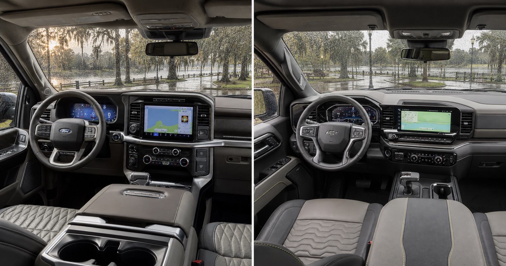 Side by side view of Ford and Chevrolet truck interiors showing steering wheels and center displays with rain outside.