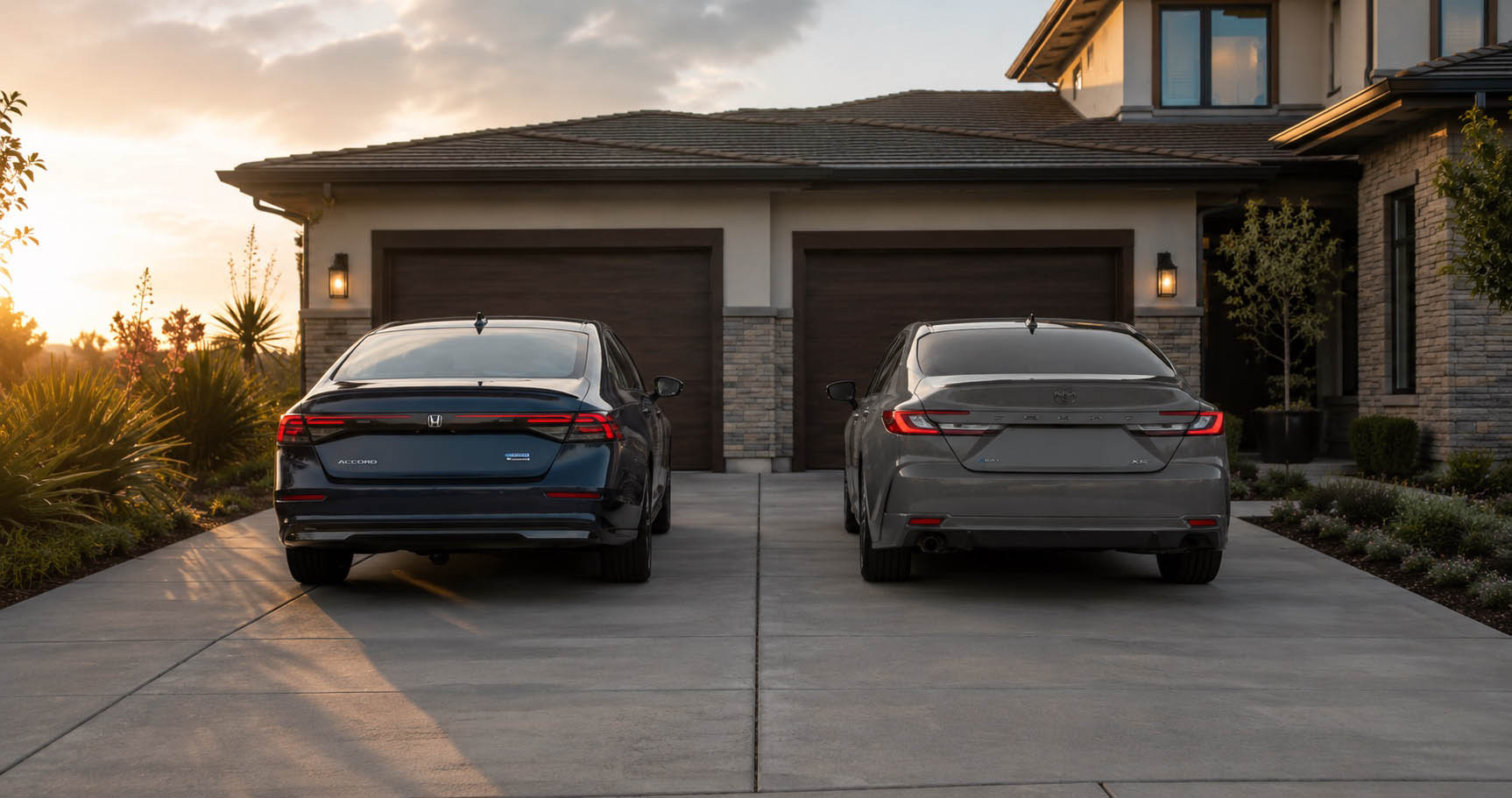 2026 Honda Accord Hybrid and 2026 Toyota Camry Hybrid parked in a residential driveway in Pittsburg, CA
