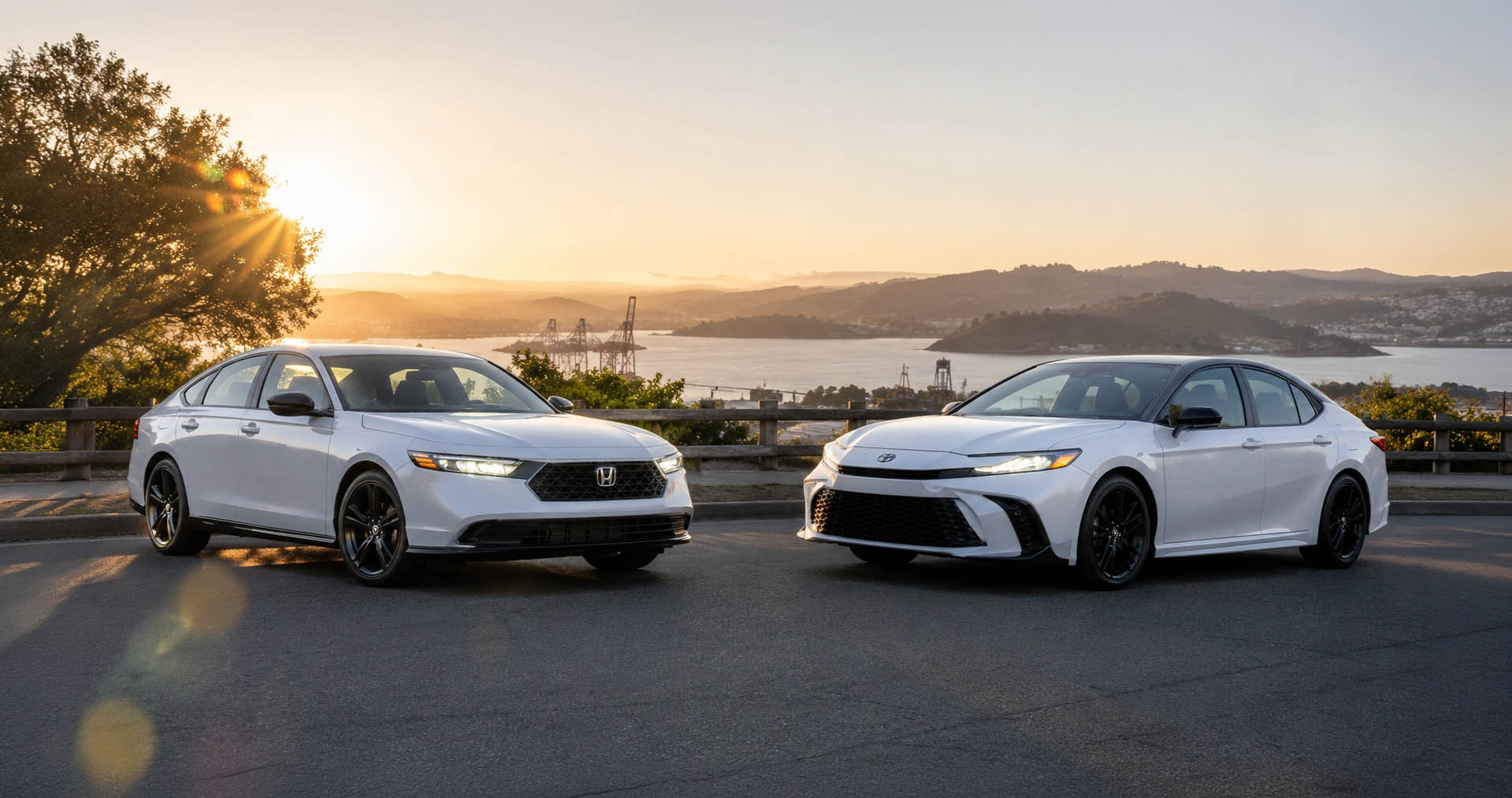 2026 Honda Accord Hybrid and 2026 Toyota Camry Hybrid overlooking the Pittsburg, CA waterfront at sunset