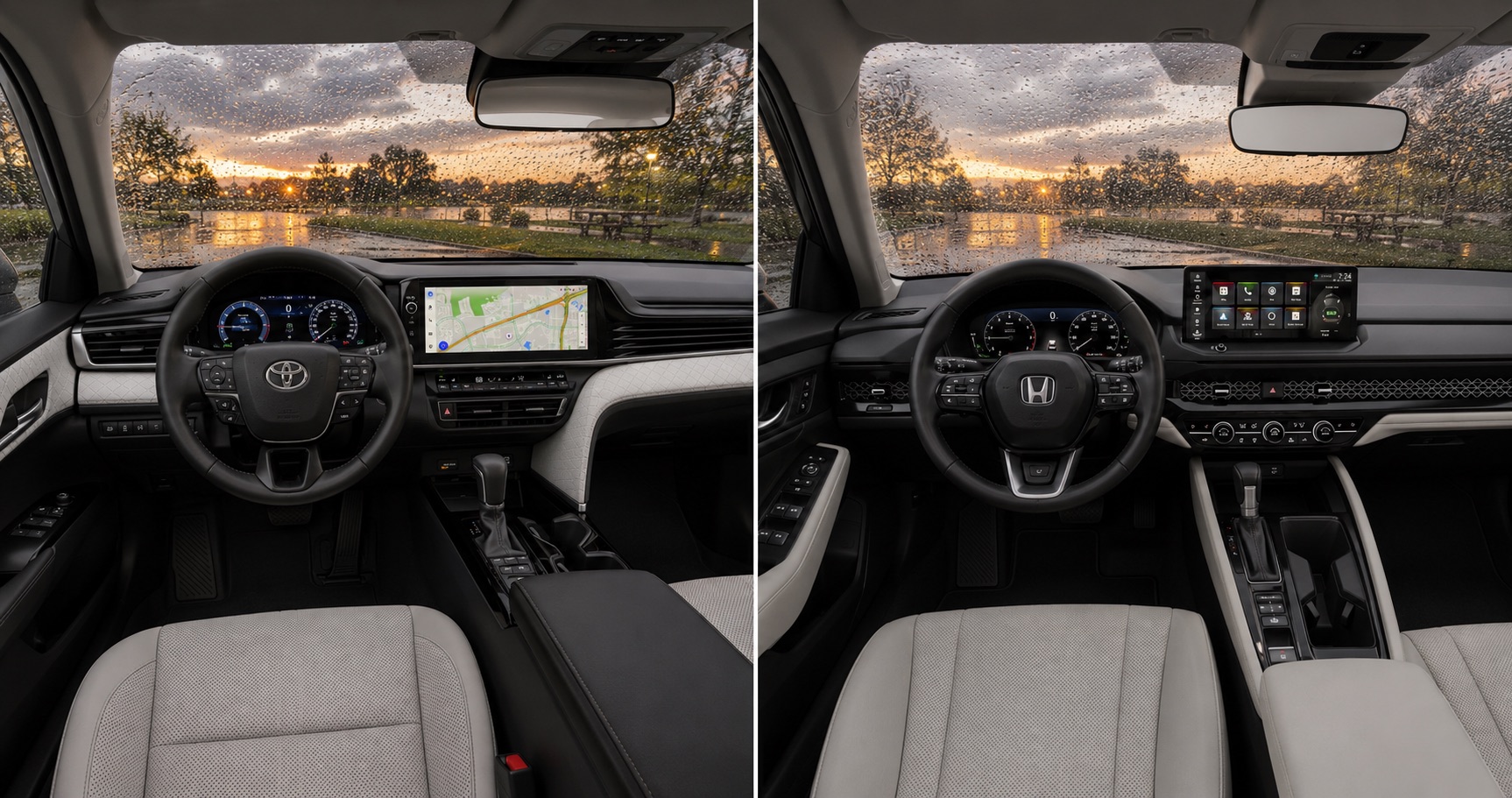 2026 Toyota Camry Hybrid and 2026 Honda Accord Hybrid interiors shown side by side on a rainy evening