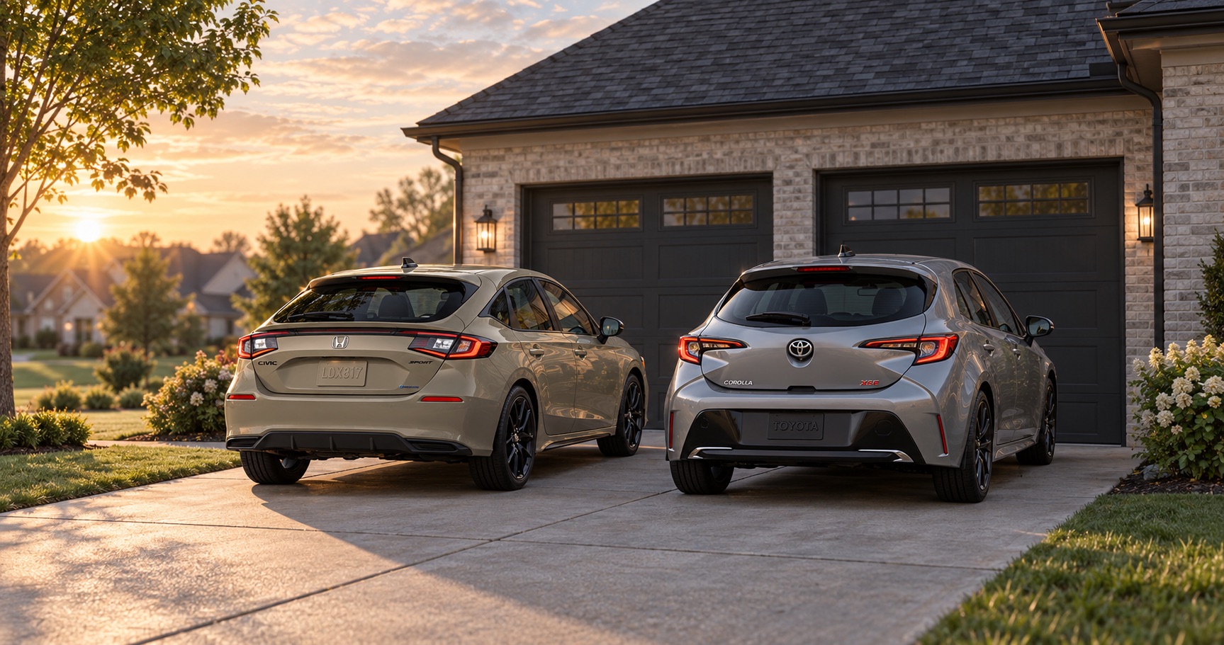 2026 Honda Civic and Toyota Corolla hatchbacks parked in an Elizabethtown, KY driveway