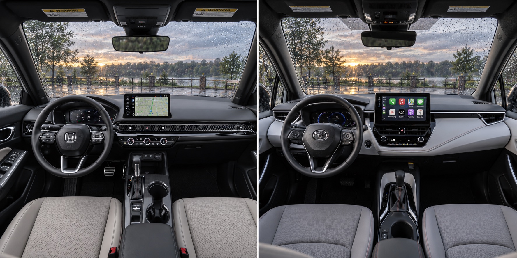 2026 Honda Civic and Toyota Corolla interiors shown side by side on a rainy evening