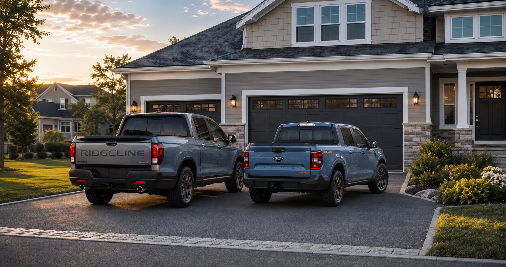 Blue Gray Honda Ridgeline and blue Ford Maverick parked in a driveway at sunset in front of a suburban home.