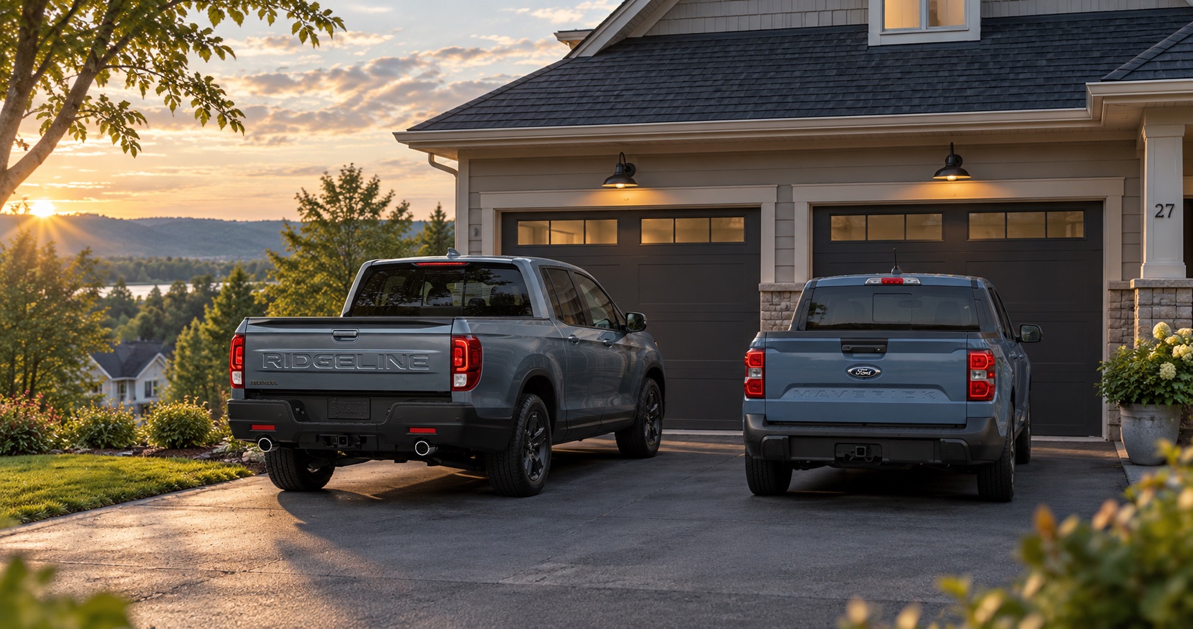 2026 Honda Ridgeline and 2026 Ford Maverick parked in a residential driveway in Troy, NY