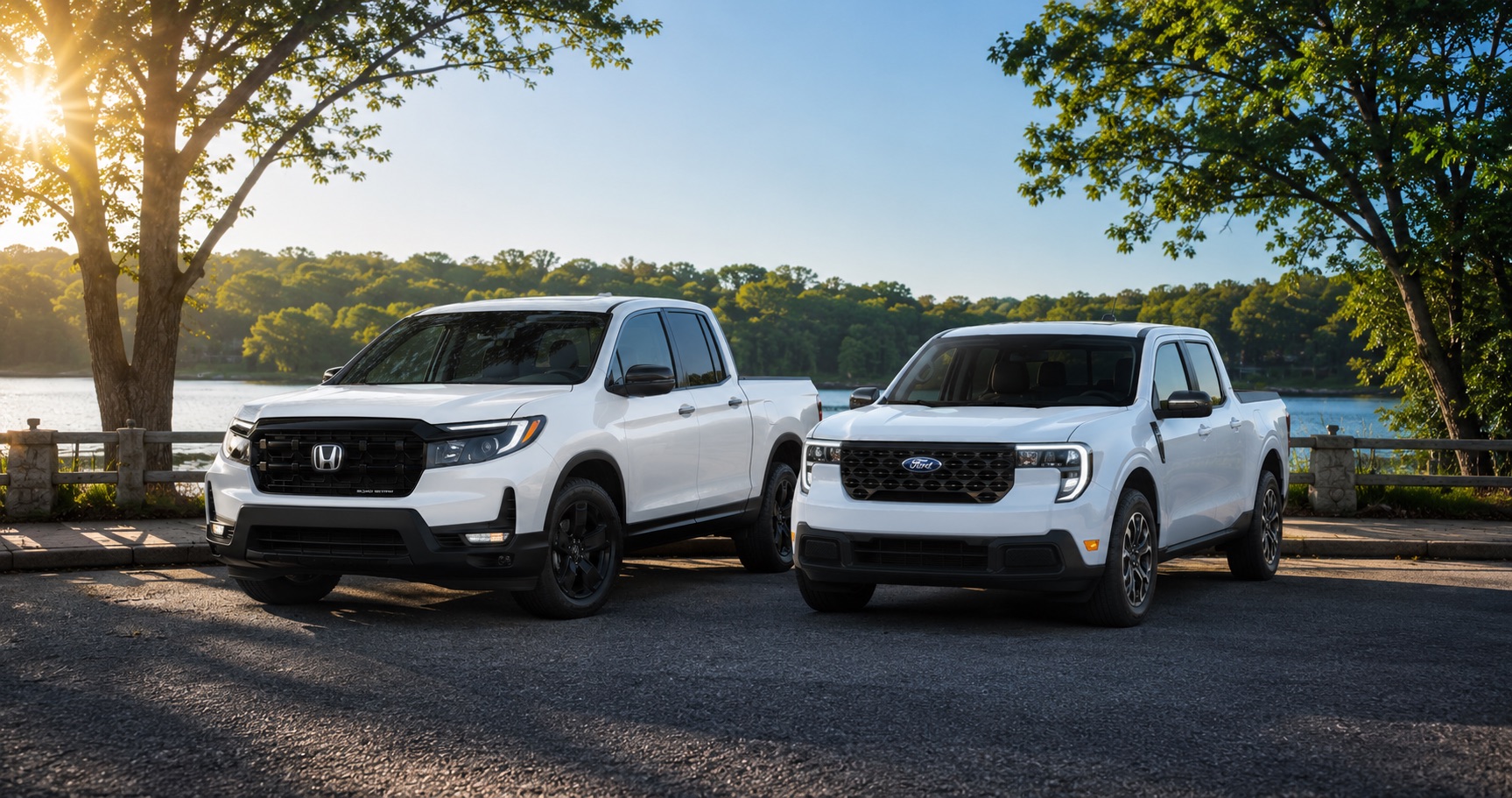 Two white pickup trucks parked side by side near a lake with trees and sunlight in the background.