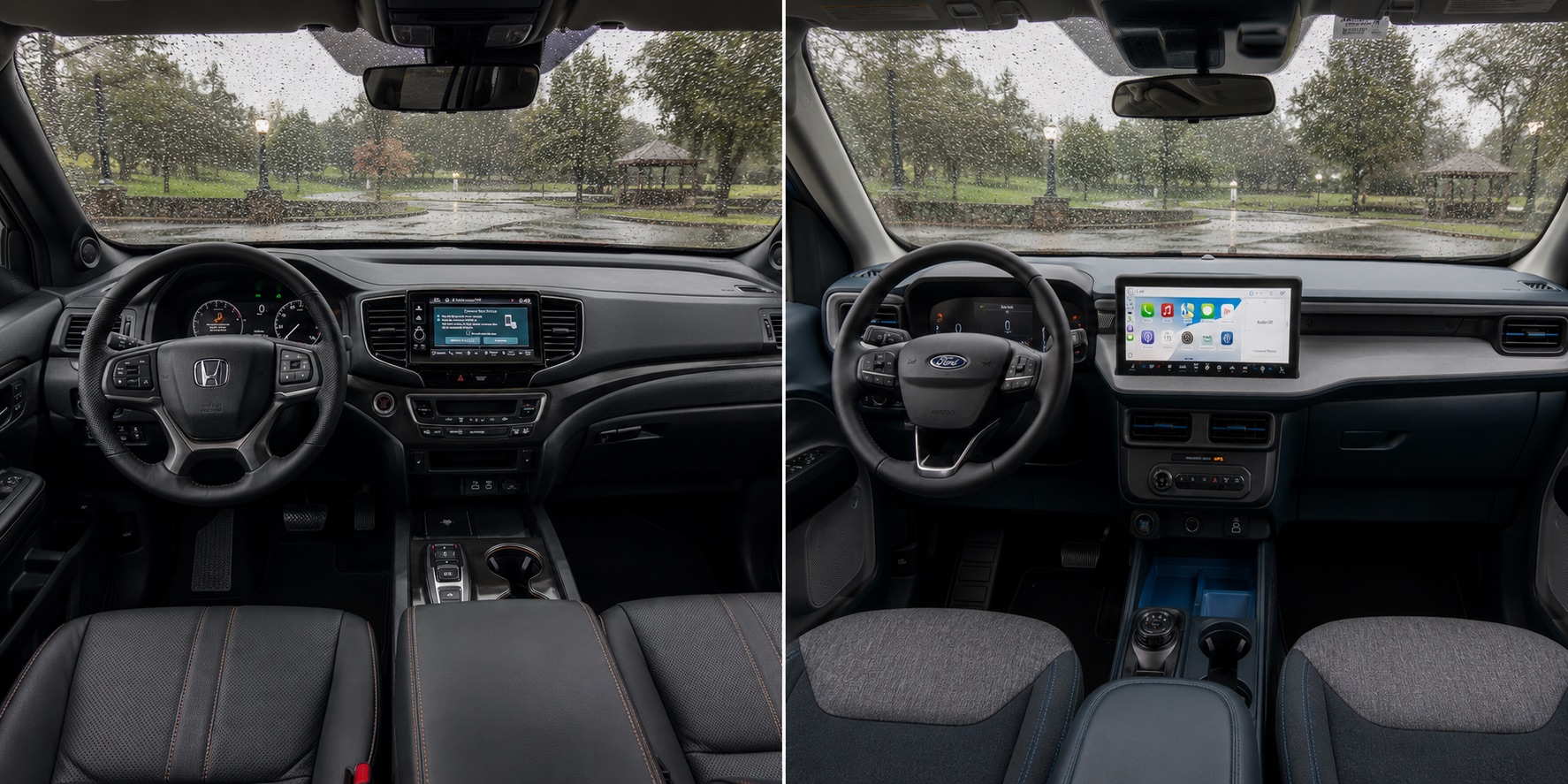Side by side view of Honda and Ford interiors showing steering wheels and center displays with rain outside.