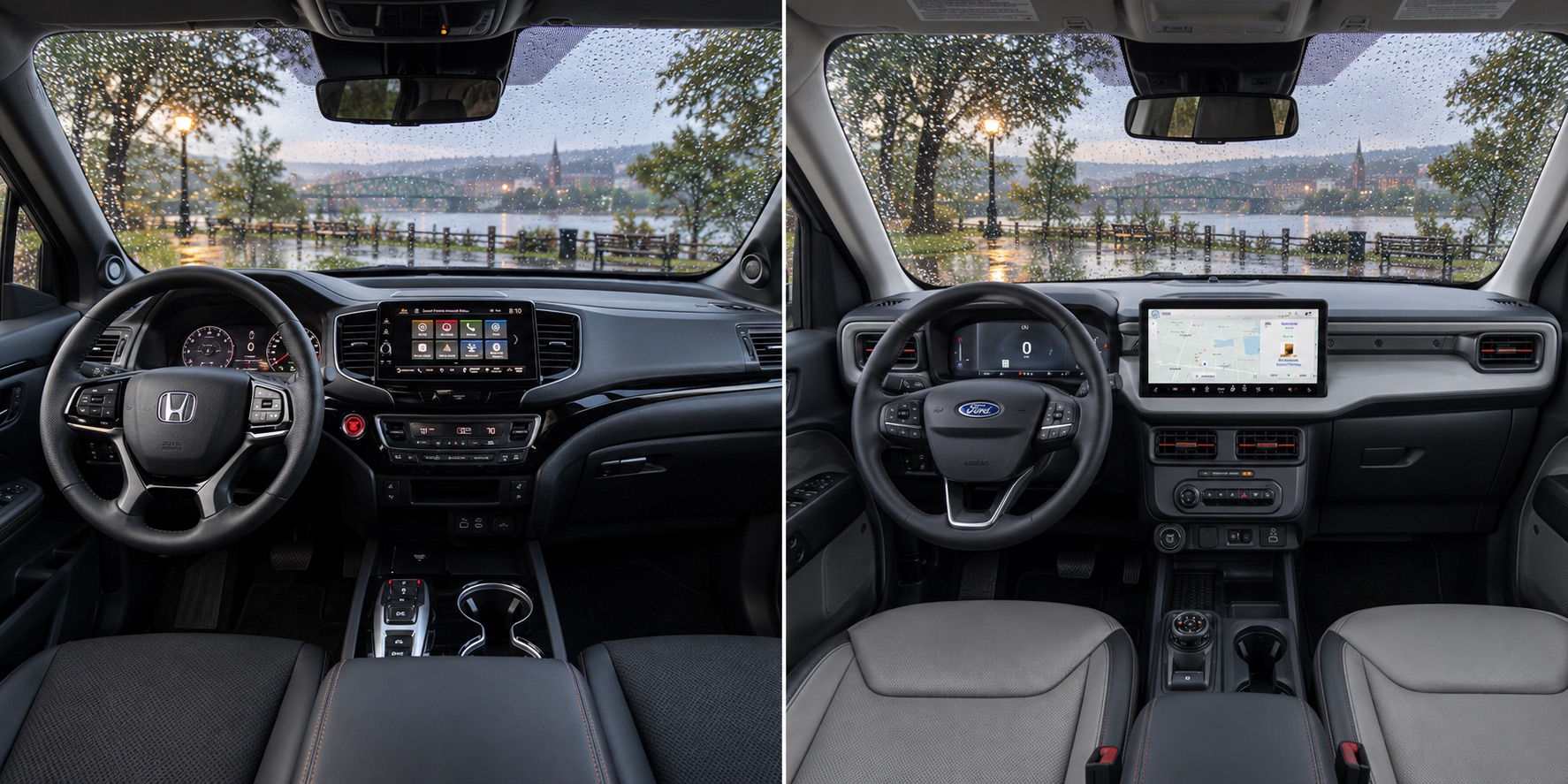 2026 Honda Ridgeline and 2026 Ford Maverick interiors shown side by side on a rainy day