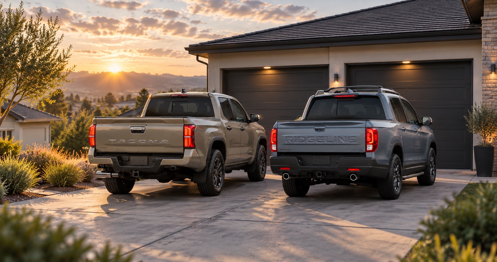 2026 Toyota Tacoma and Honda Ridgeline parked in a residential driveway in Tracy, CA