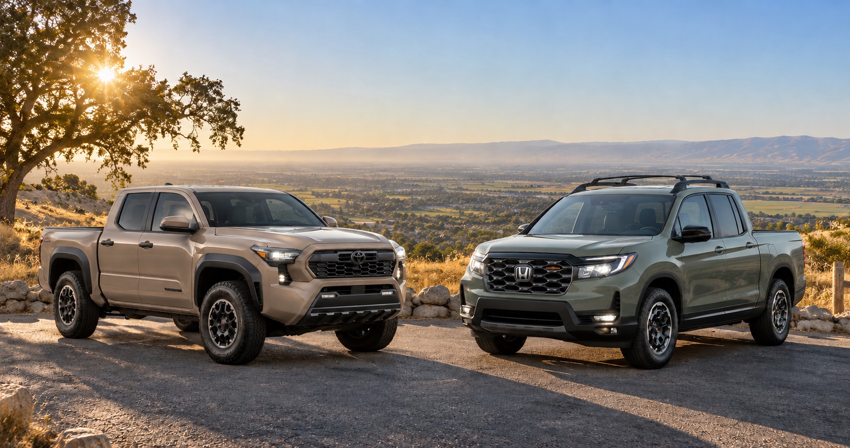 2026 Honda Ridgeline and Toyota Tacoma shown together for a midsize truck comparison near Tracy California