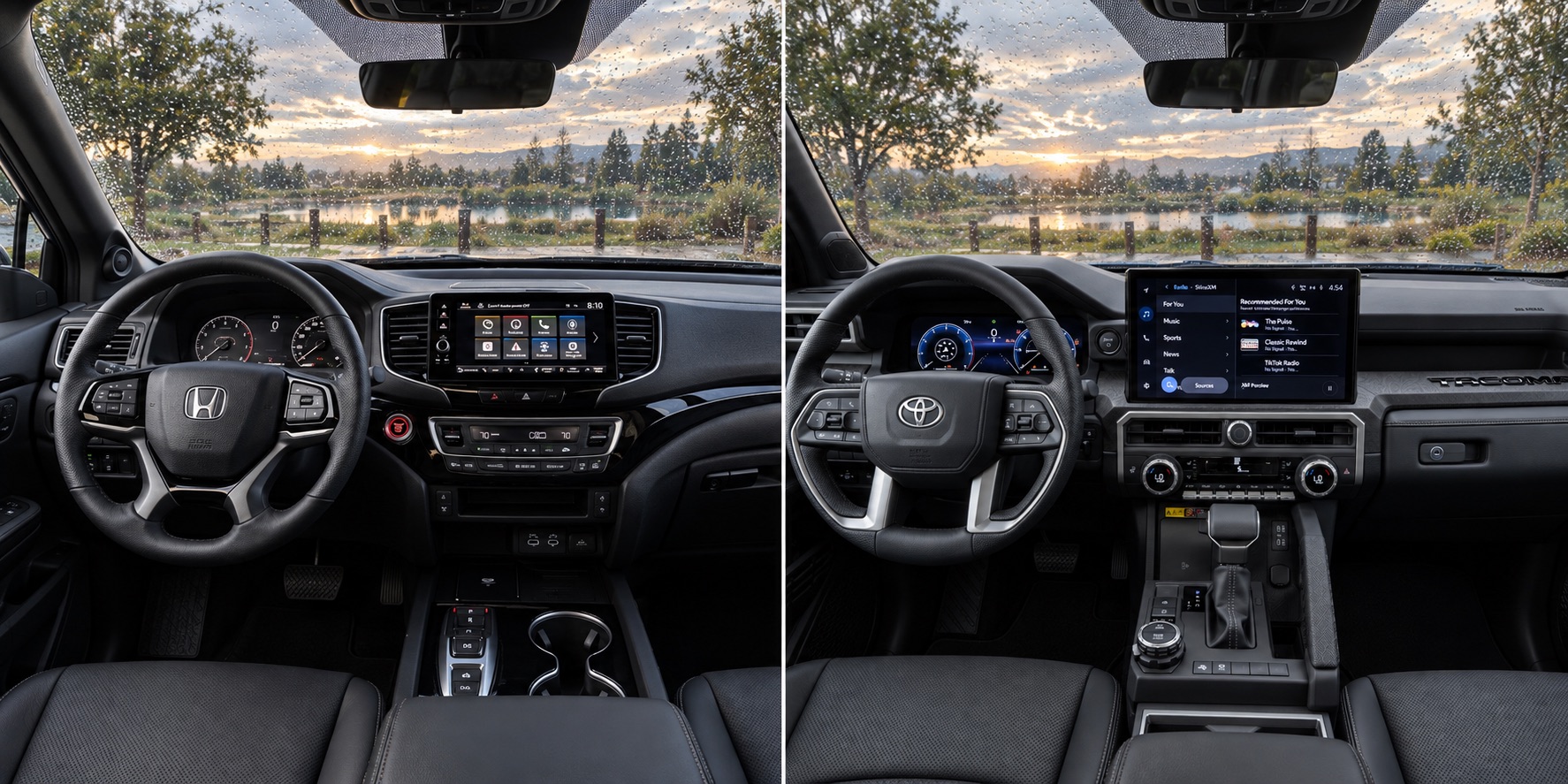 Honda Ridgeline and 2026 Toyota Tacoma interiors shown side by side on a rainy day