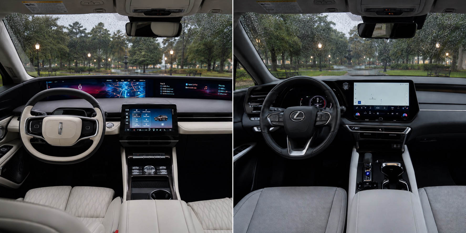 Side by side view of Lincoln Nautilus and Lexus RX interiors showing steering wheels and displays with rain outside.