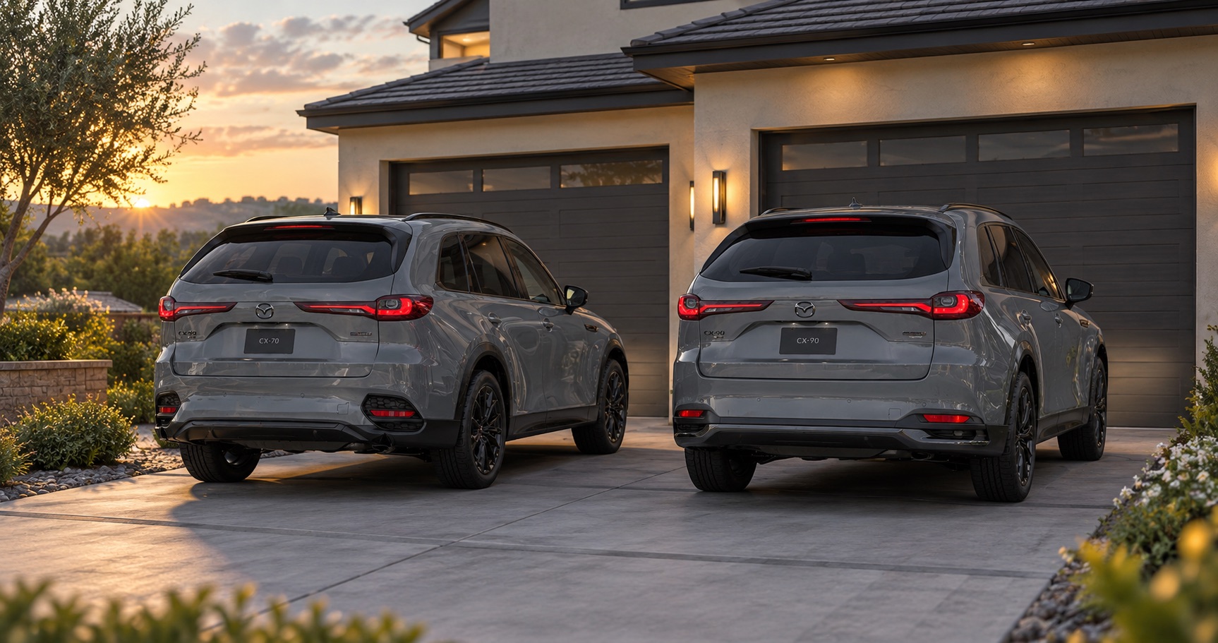 2026 Mazda CX-70 and 2026 Mazda CX-90 parked in a residential driveway in Tracy, CA