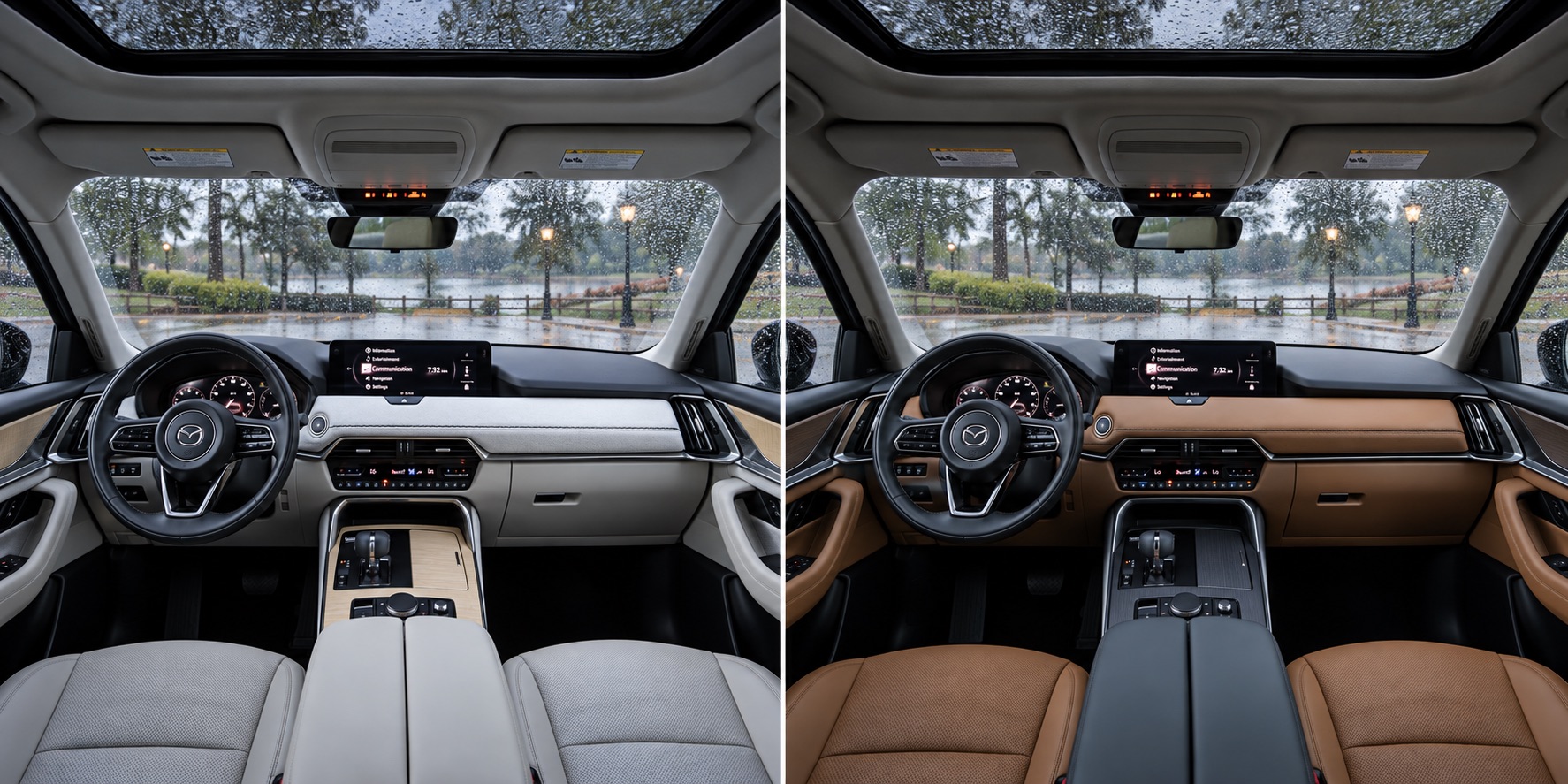 2026 Mazda CX-70 and 2026 Mazda CX-90 interiors shown side by side on a rainy day