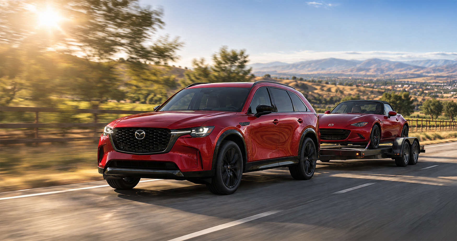 2026 Mazda CX-90 towing a Mazda MX-5 Miata near Tracy, CA