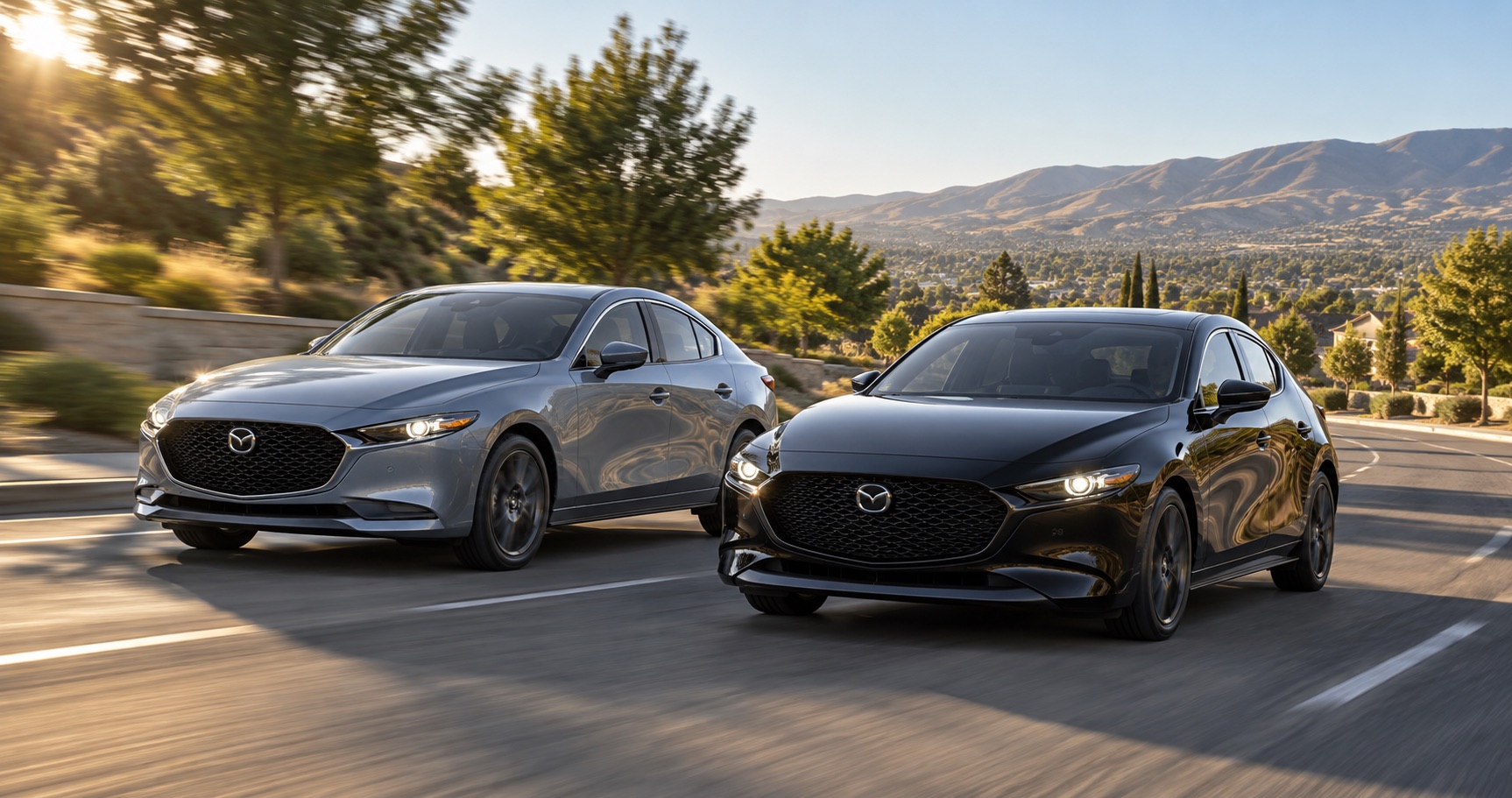 2026 Mazda3 Sedan and 2026 Mazda3 Hatchback driving through Dublin, CA