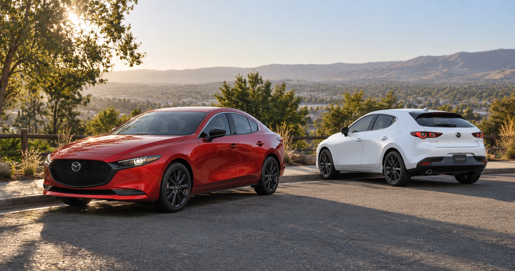 2026 Mazda3 Sedan and 2026 Mazda3 Hatchback overlooking Dublin, CA