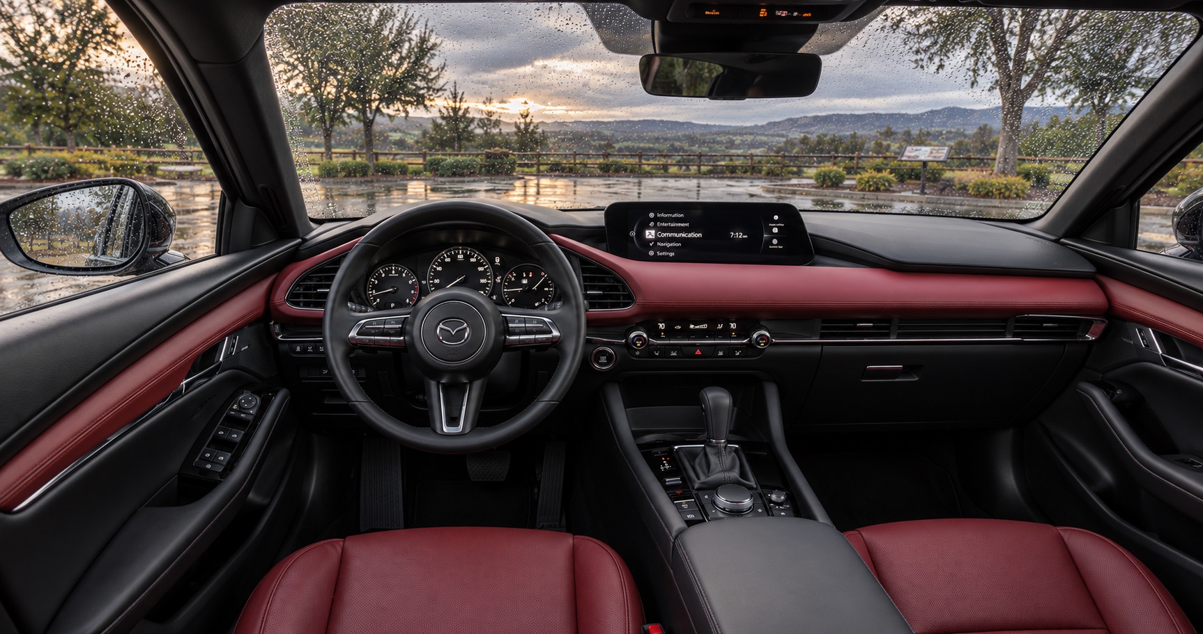 2026 Mazda3 interior design on a rainy day in a Dublin, CA park